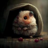 Hamster im ein Papier Tasche mit Himbeeren auf ein dunkel Hintergrund, ai generativ Bild foto