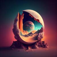 Fantasie Landschaft mit Planet und das Mond. 3d Illustration., ai generativ Bild foto