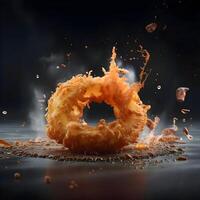 Verbrennung Orange Krapfen auf ein schwarz Hintergrund, schließen hoch, ai generativ Bild foto