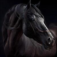 schön schwarz Pferd mit ein Mähne auf ein schwarz Hintergrund., ai generativ Bild foto