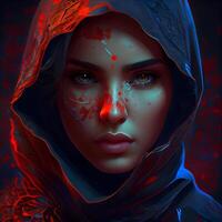 3d Illustration von ein schön Mädchen mit rot Blut auf ihr Gesicht, ai generativ Bild foto