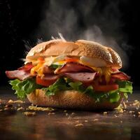 groß lecker Hamburger mit Speck, Käse und Gemüse auf dunkel Hintergrund, ai generativ Bild foto