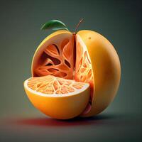 Grapefruit mit Blätter auf ein dunkel Hintergrund. 3d Illustration, ai generativ Bild foto