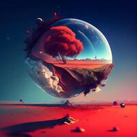 abstrakt Landschaft mit Planet und Bäume. 3d machen Illustration., ai generativ Bild foto