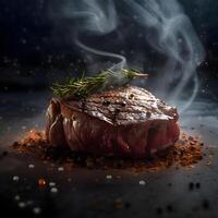 Steak mit Rauch und rot Kaviar auf ein schwarz Hintergrund., ai generativ Bild foto
