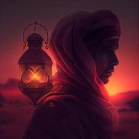 Ramadan kareem Gruß Karte. Silhouette von Muslim Mann mit Laterne. 3d Wiedergabe, ai generativ Bild foto