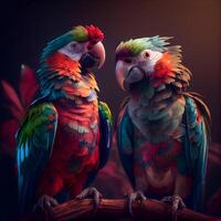 zwei Ara Papageien Sitzung auf ein Ast auf ein dunkel Hintergrund, ai generativ Bild foto
