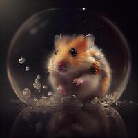 Hamster im ein Glas Ball auf ein schwarz Hintergrund mit Wasser Tropfen, ai generativ Bild foto