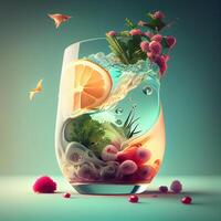 Obst und Gemüse im ein Glas von Wasser. 3d Wiedergabe, ai generativ Bild foto