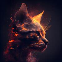 Katze Kopf mit Feuer Flammen auf ein dunkel Hintergrund. Illustration., ai generativ Bild foto