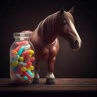 Pferd mit Süßigkeiten im Glas Krug auf hölzern Tisch. 3d Illustration, ai generativ Bild foto