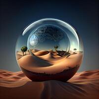 Kristall Ball mit Wüste und Baum im das Wüste. 3d Wiedergabe, ai generativ Bild foto