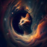 Fantasie Bild von ein Katze suchen durch ein Loch im Raum., ai generativ Bild foto