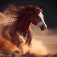 schön Bucht Pferd mit lange Mähne Laufen auf Sand im Wüste, ai generativ Bild foto
