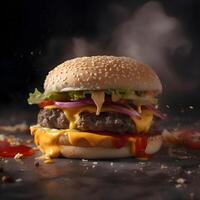 Cheeseburger mit geschmolzen Käse auf ein schwarz Hintergrund mit Rauch, ai generativ Bild foto