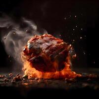 Kochen Hamburger auf das Grill mit Flammen und Rauch schließen hoch, ai generativ Bild foto