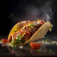 lecker appetitlich Hamburger mit Fleisch und Gemüse auf ein schwarz Hintergrund, ai generativ Bild foto