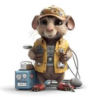 süß Ratte gekleidet wie ein Feuerwehrmann mit Gas Bahnhof. isoliert auf Weiss., ai generativ Bild foto