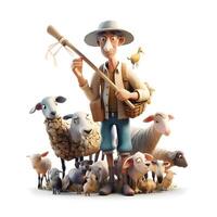 alt Farmer mit Schaf und Ziege isoliert auf Weiß Hintergrund. 3d Illustration. foto