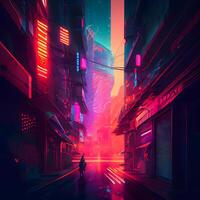 futuristisch Stadt im Neon- Licht, 3d Rendern Digital Illustration foto