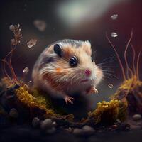 Hamster im das Aquarium mit Moos und Wasser. 3d Rendern foto