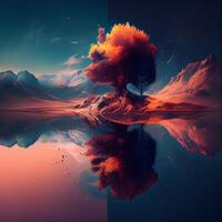 Fantasie Landschaft mit ein Baum im das Wasser. Collage. foto