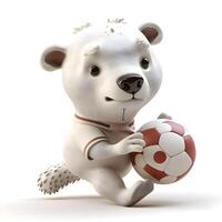 3d Rendern von ein süß Karikatur Polar- Bär mit ein Fußball Ball foto