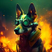 Porträt von ein Hund im Gas Maske auf ein Hintergrund von Feuer. foto