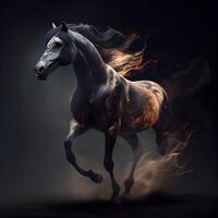 schwarz Pferd mit Feuer bewirken auf ein dunkel Hintergrund. 3d Rendern foto