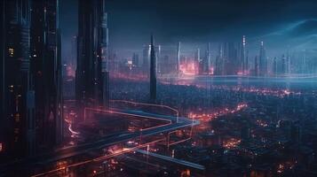Hintergrund von ein futuristisch Stadt von das Zukunft.. erstellt mit generativ ai foto