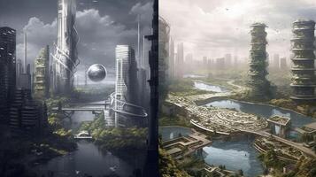 Hintergrund von das die Architektur von das Stadt von das Zukunft.. erstellt mit generativ ai foto