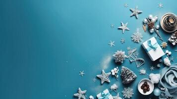 saisonal Silber gemalt Tanne Zapfen, Geschenk Kisten und Weihnachten Baum Kugeln im Ecke von Blau Hintergrund mit leeren Kopieren Raum.. erstellt mit generativ ai foto