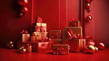 Weihnachten Karte. Jahrgang Geschenk Kisten, Tanne Geäst, Dekorationen auf rot Hintergrund. oben Sicht. eben legen.. erstellt mit generativ ai foto