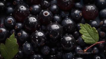 saftig Beeren von schwarz Johannisbeere, Hintergrund, Wasser Tröpfchen auf schwarz Johannisbeere.. erstellt mit generativ ai foto