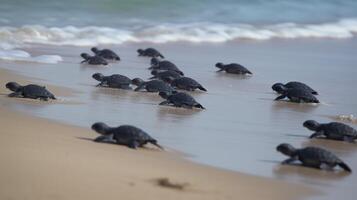 ai generiert. ai generativ. Makro Schuss von Schildkröten Laufen zu das Wasser Ozean Meer. Foto von National Erdkunde Stil. Grafik Kunst