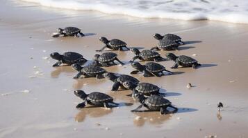 ai generiert. ai generativ. Makro Schuss von Schildkröten Laufen zu das Wasser Ozean Meer. Foto von National Erdkunde Stil. Grafik Kunst