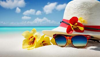 ai generativ. ai generiert. Makro Foto Schuss von realistisch Hut mit Sonnenbrille. Strand Abenteuer Paradies tropisch entspannen Ferien Stimmung. Grafik Kunst