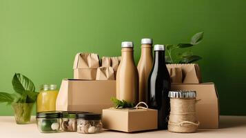 ai generativ. ai generiert. Hintergrund von einstellen organisch Öko recyceln wiederverwendbar Kisten, Behälter, Flaschen und Pakete. Planet Ökologie Pflege Stimmung. Grafik Kunst foto