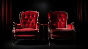 ai generiert. ai generativ. romantisch Liebe zwei Stühle zum schön Paar beim Privat Kino Film Theater schließen oben Fotografie. Grafik Kunst foto
