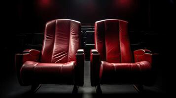 ai generiert. ai generativ. romantisch Liebe zwei Stühle zum schön Paar beim Privat Kino Film Theater schließen oben Fotografie. Grafik Kunst foto