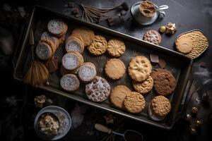 frisch gebacken Kekse mit viele von Dekoration auf ein Backen Tablett erstellt mit generativ ai Technologie. foto