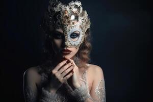 ein schön Frau im ein elegant Kleid mit ein venezianisch Karneval Maske erstellt mit generativ ai Technologie. foto