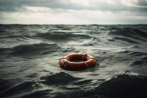 Rettungsring auf ein stürmisch Wasser erstellt mit generativ ai Technologie. foto