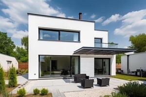 Außen Aussicht von ein modern freistehend Haus mit Terrasse und ein gepflegt Garten erstellt mit generativ ai Technologie. foto