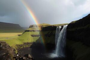 ein Wasserfall mit ein atemberaubend Regenbogen erstellt mit generativ ai Technologie. foto