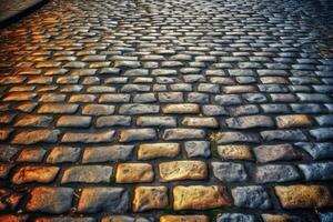 alt historisch Kopfsteinpflaster Straße Hintergrund Textur erstellt mit generativ ai Technologie. foto