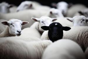 einer schwarz Schaf im ein Herde von Weiß Schaf. foto
