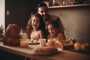ein glücklich Familie Treffen im das Küche zum Frühstück erstellt mit generativ ai Technologie. foto