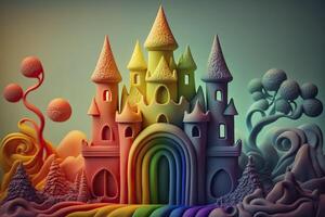 Plastilin Kunst, traumhaft Regenbogen Schloss. generativ ai. foto