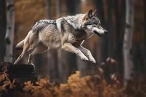 Wolf im ein springen. generativ ai. foto